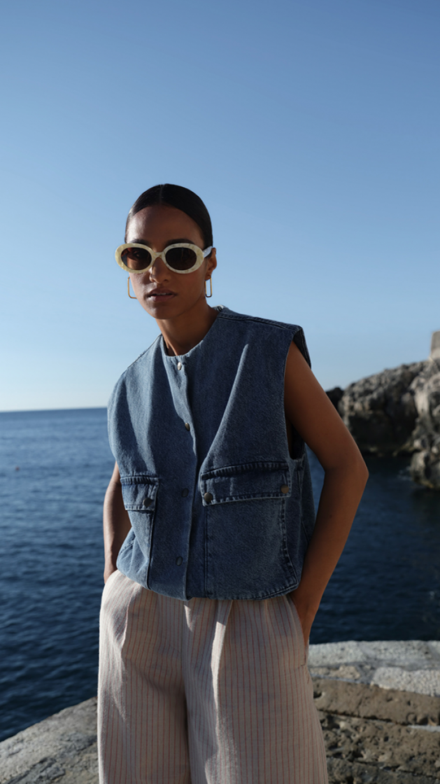 Maggie Denim Sleeveless Jacket 1638-Mid Denim