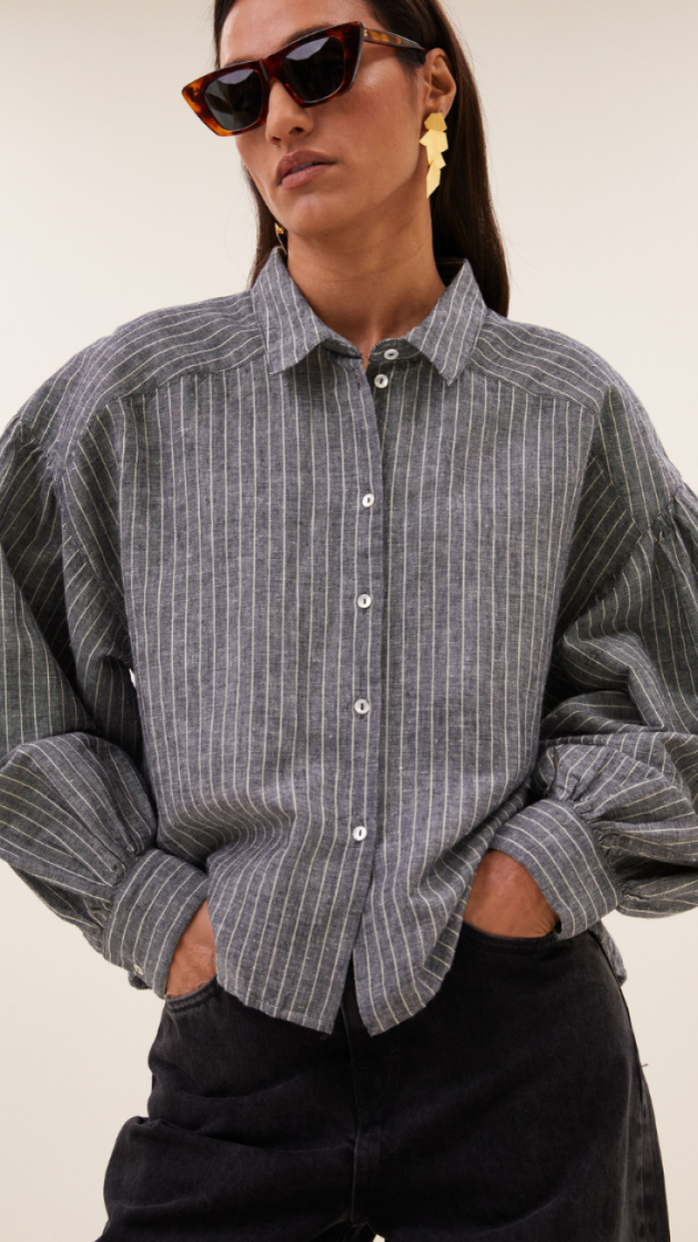 Sarah Short Thin Stripe Blouse 833-Ash Grey St